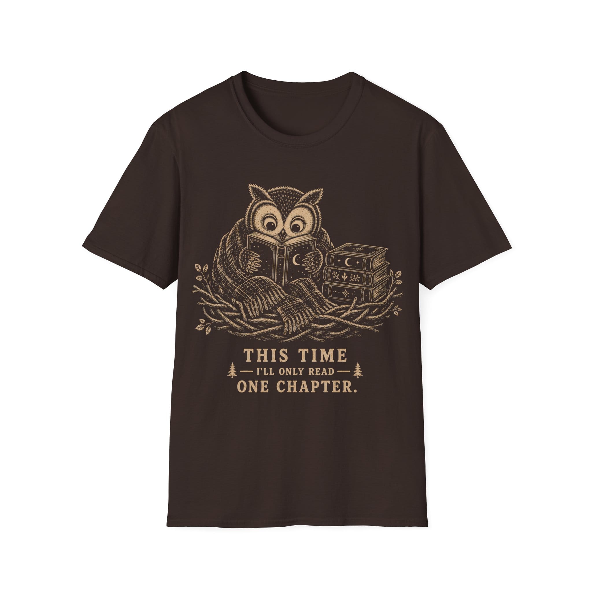 Vintage woodcut illustration of an owl wrapped in a scarf reading a book in a nest beside a stack of celestial books, with text reading 'THIS TIME I'LL ONLY READ ONE CHAPTER.'