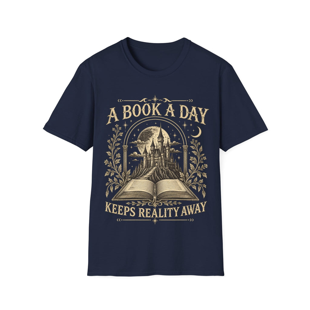 Vintage woodcut-style illustration of an open book revealing a glowing fantasy castle under a starry moonlit sky, framed by 'A BOOK A DAY KEEPS REALITY AWAY'.