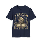 Vintage woodcut-style illustration of an open book revealing a glowing fantasy castle under a starry moonlit sky, framed by 'A BOOK A DAY KEEPS REALITY AWAY'.