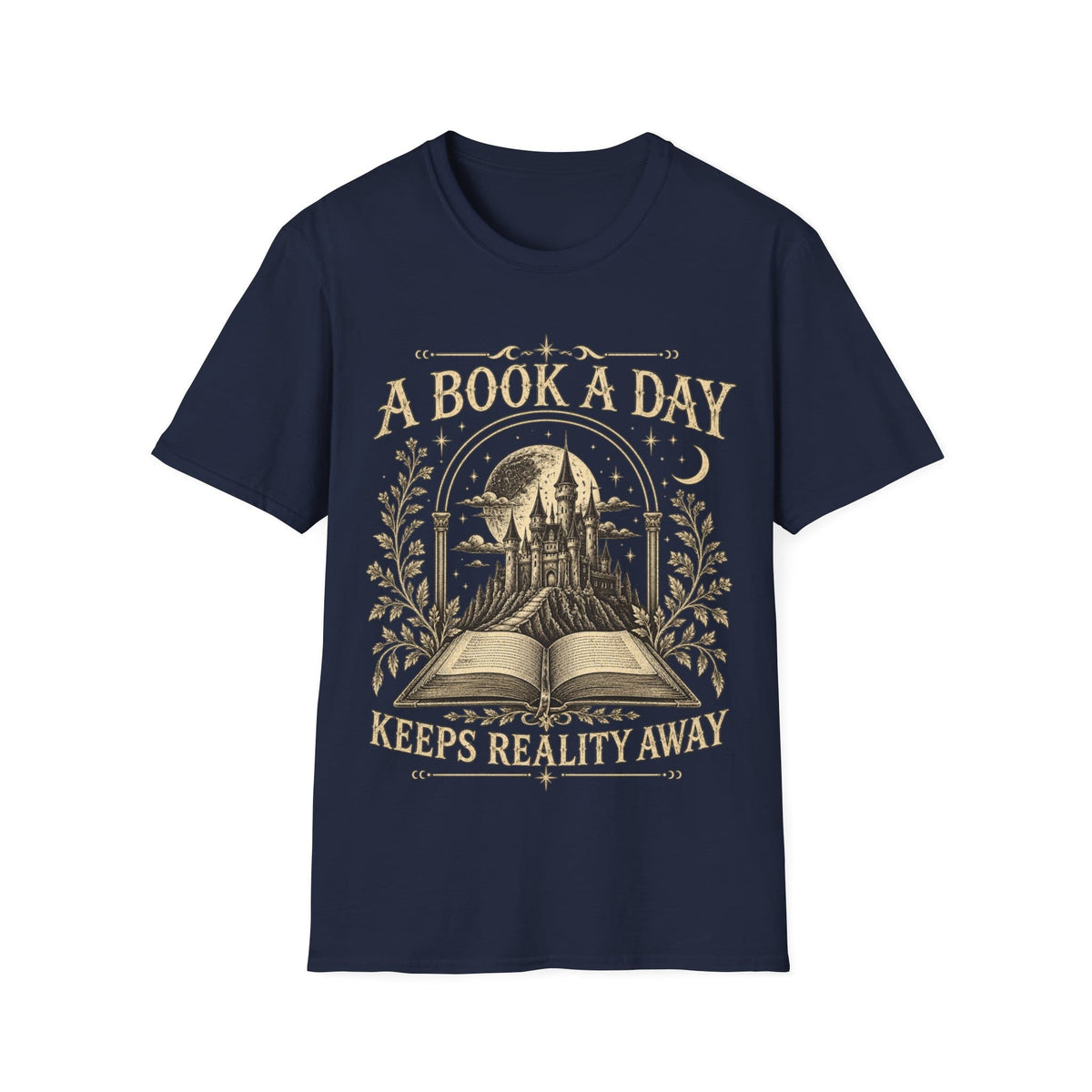 Vintage woodcut-style illustration of an open book revealing a glowing fantasy castle under a starry moonlit sky, framed by 'A BOOK A DAY KEEPS REALITY AWAY'.