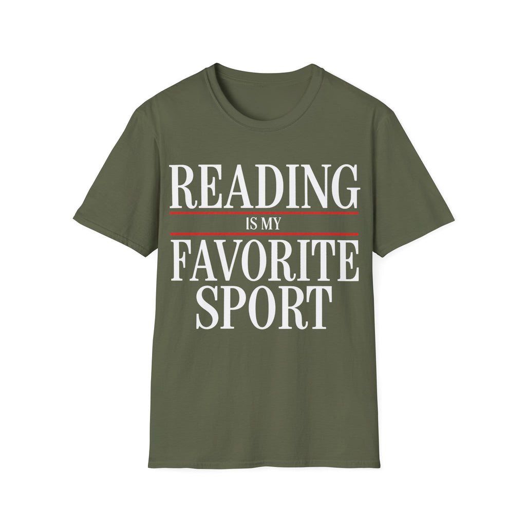 Bold graphic typography reading 'READING IS MY FAVORITE SPORT' framed by red horizontal rule lines.