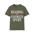 Bold graphic typography reading 'READING IS MY FAVORITE SPORT' framed by red horizontal rule lines.