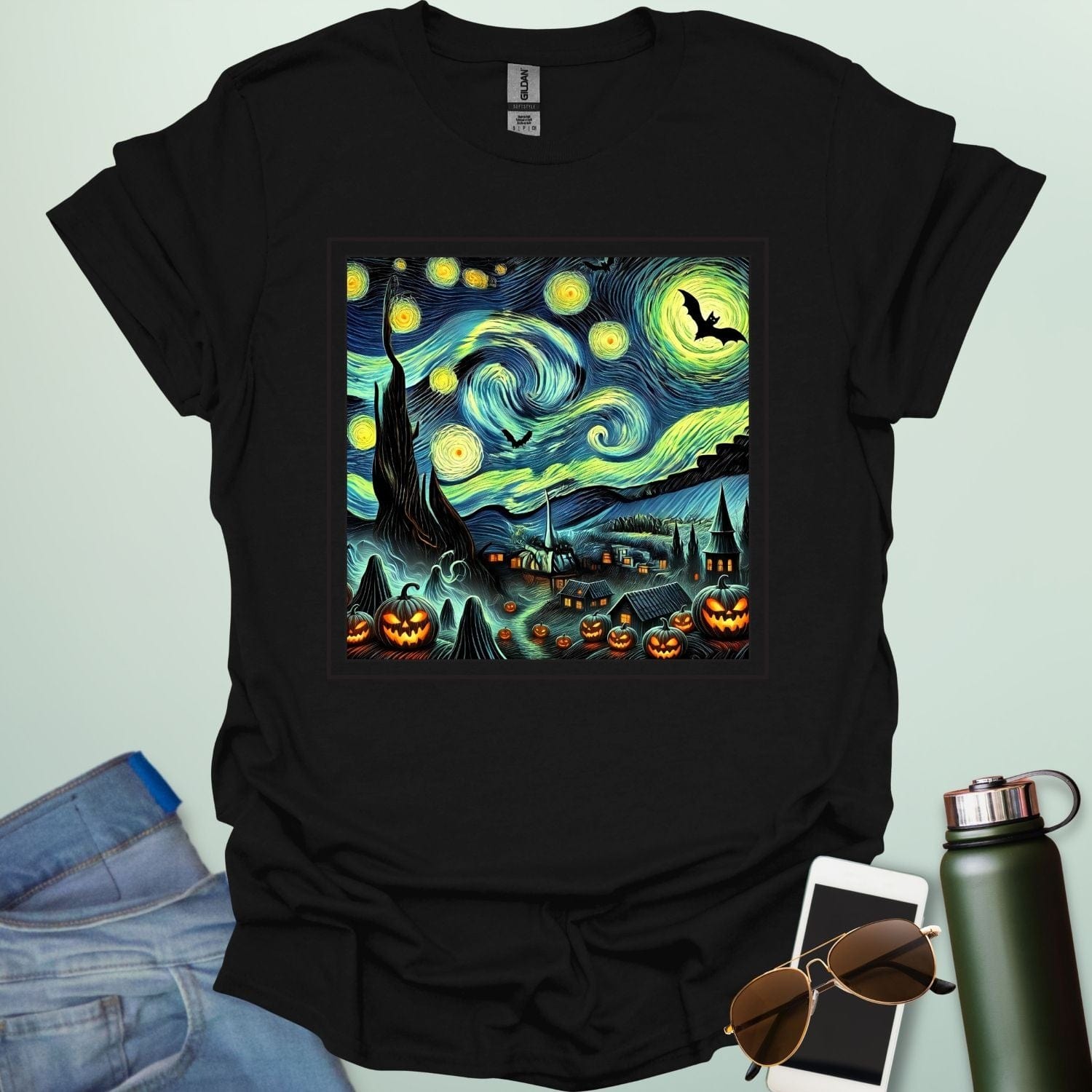 Starry Nights & Jack-O-Lanterns t-shirt featuring illuminated jack-o-lanterns under a star-filled sky — spooky Halloween design.