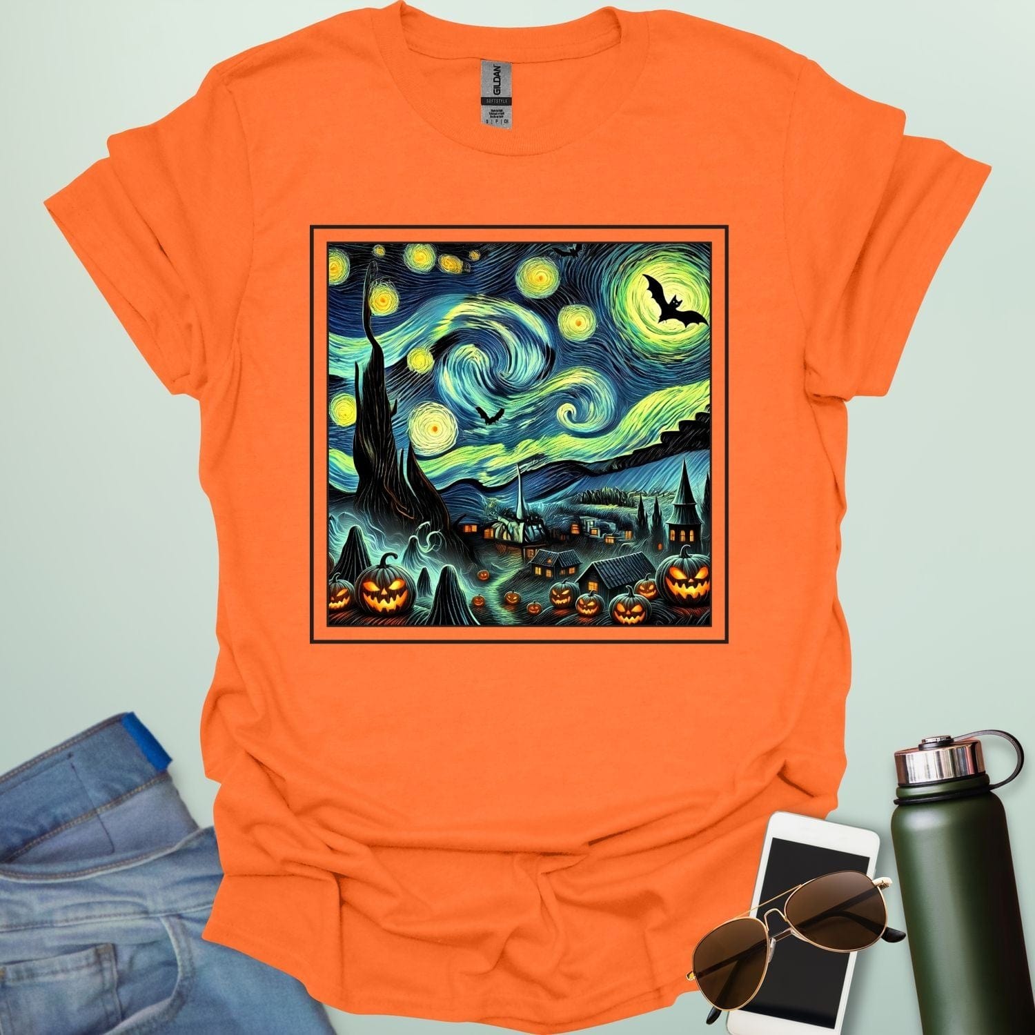 Starry Nights & Jack-O-Lanterns t-shirt featuring illuminated jack-o-lanterns under a star-filled sky — spooky Halloween design.