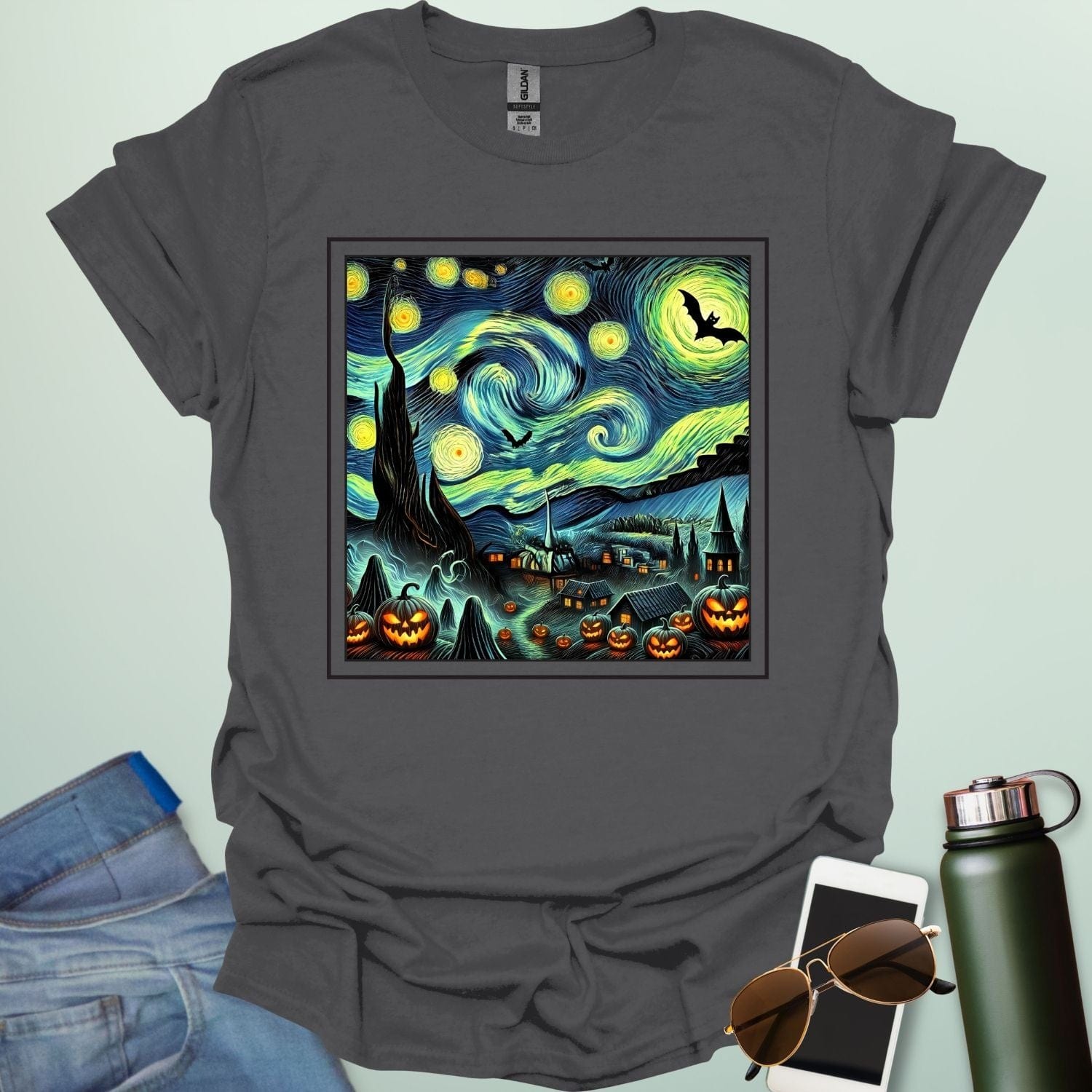 Starry Nights & Jack-O-Lanterns t-shirt featuring illuminated jack-o-lanterns under a star-filled sky — spooky Halloween design.