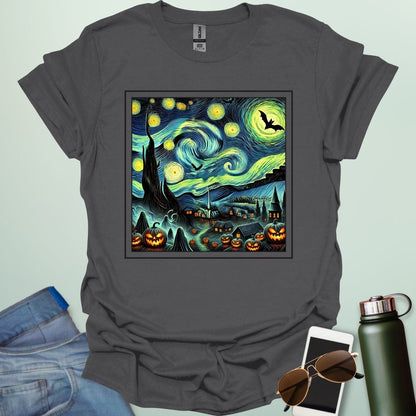 Starry Nights & Jack-O-Lanterns t-shirt featuring illuminated jack-o-lanterns under a star-filled sky — spooky Halloween design.
