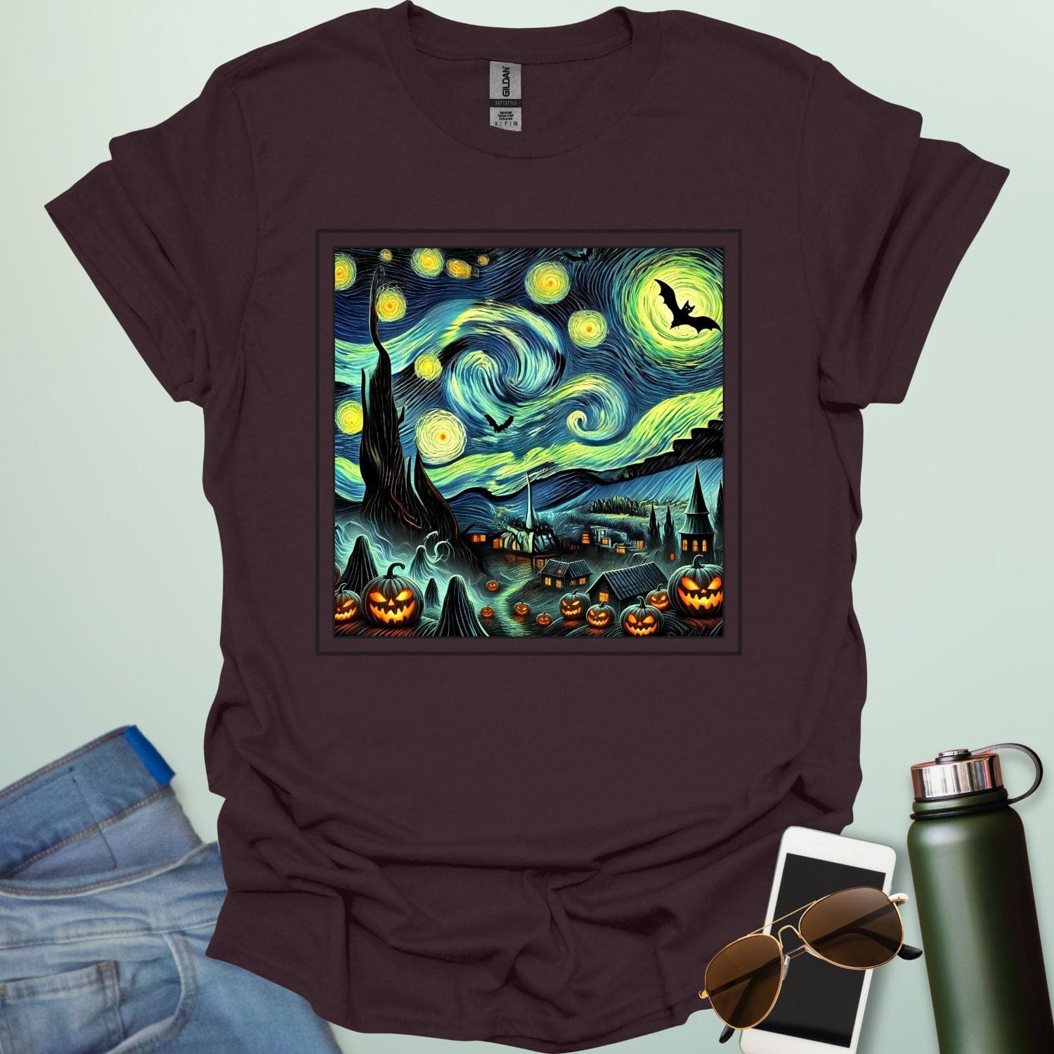 Starry Nights & Jack-O-Lanterns t-shirt featuring illuminated jack-o-lanterns under a star-filled sky — spooky Halloween design.