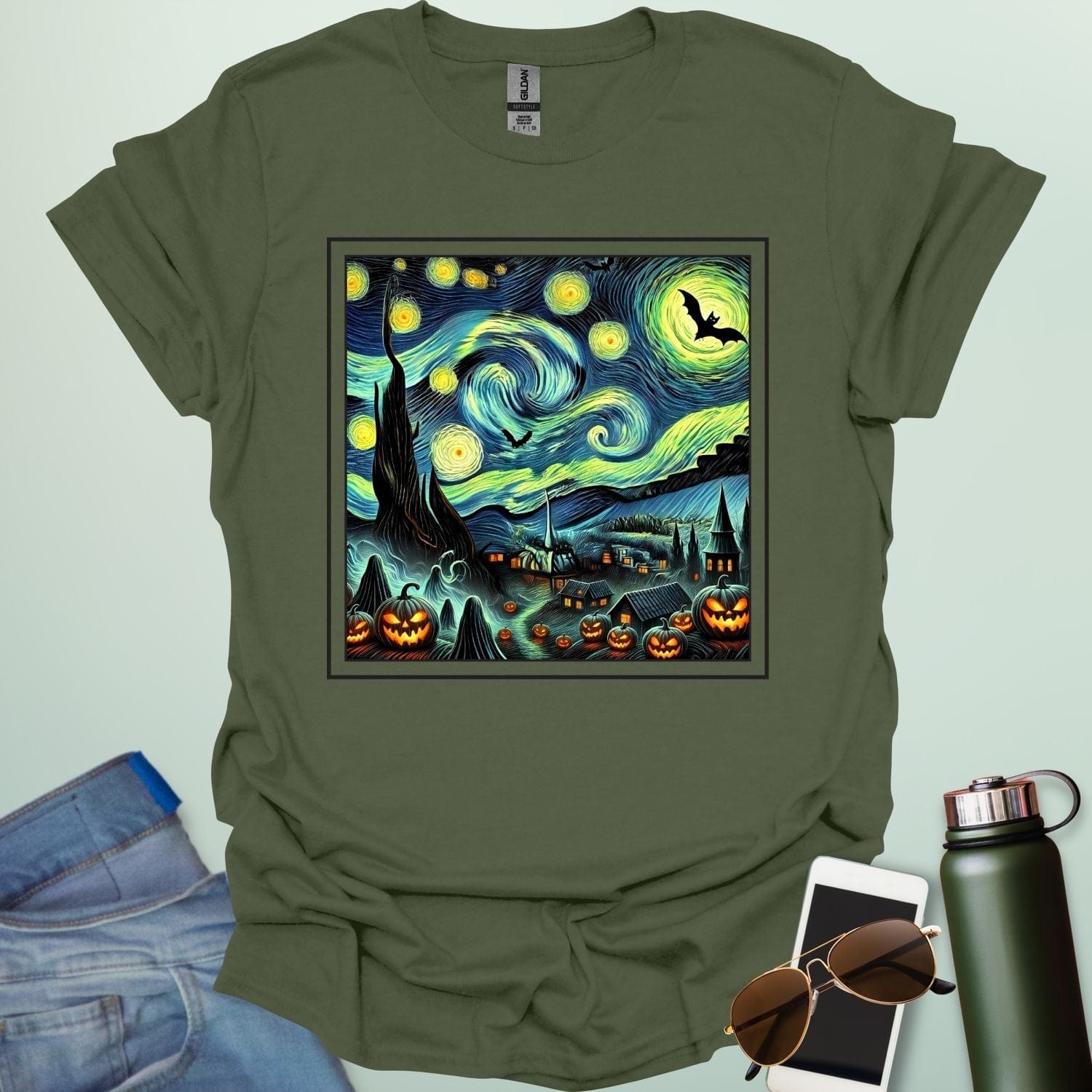 Starry Nights & Jack-O-Lanterns t-shirt featuring illuminated jack-o-lanterns under a star-filled sky — spooky Halloween design.