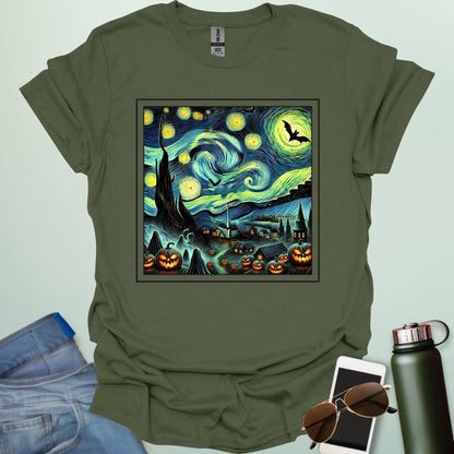 Starry Nights & Jack-O-Lanterns t-shirt featuring illuminated jack-o-lanterns under a star-filled sky — spooky Halloween design.