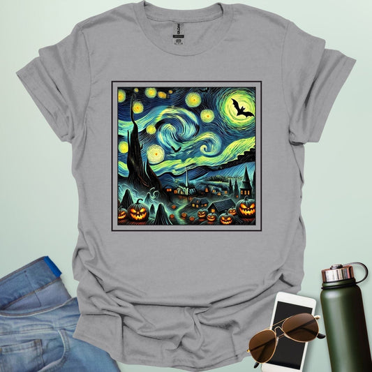 Starry Nights & Jack-O-Lanterns t-shirt featuring illuminated jack-o-lanterns under a star-filled sky — spooky Halloween design.
