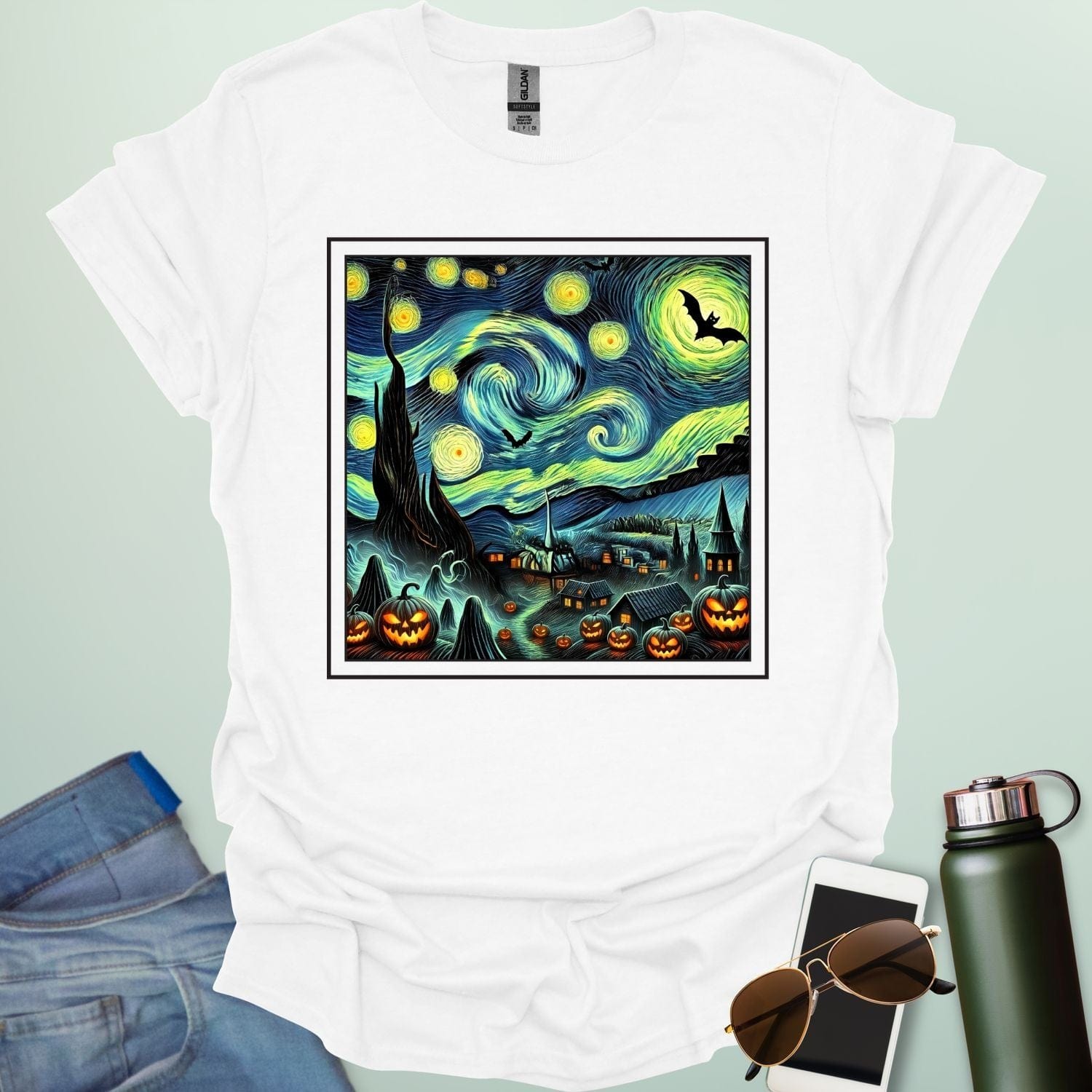 Starry Nights & Jack-O-Lanterns t-shirt featuring illuminated jack-o-lanterns under a star-filled sky — spooky Halloween design.