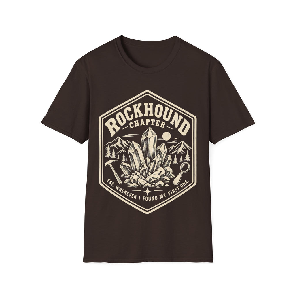 Vintage badge design featuring mineral crystals, a rock hammer, and a magnifying glass framed by mountains, with text reading 'ROCKHOUND CHAPTER - EST. WHENEVER I FOUND MY FIRST ONE.'