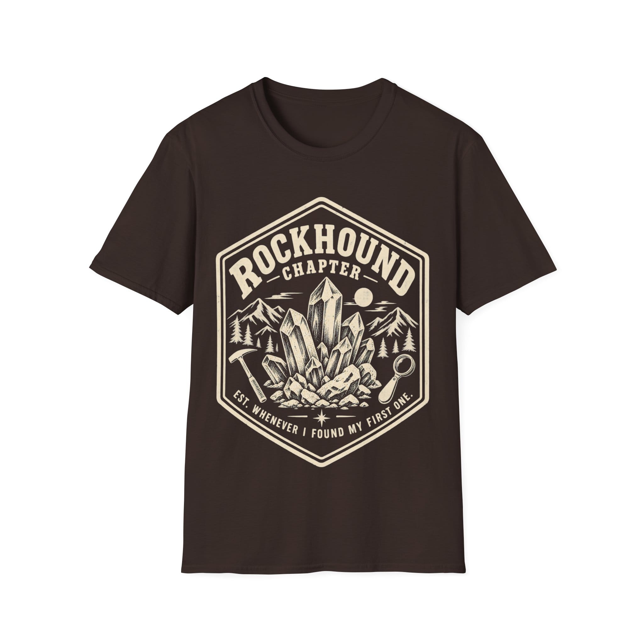 Vintage badge design featuring mineral crystals, a rock hammer, and a magnifying glass framed by mountains, with text reading 'ROCKHOUND CHAPTER - EST. WHENEVER I FOUND MY FIRST ONE.'