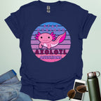 A navy blue t-shirt with a cute axolotl in a circular design and the text 'Stay Curious Axolotl Questions.'