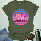 A military green t-shirt with a cute axolotl in a circular design and the text 'Stay Curious Axolotl Questions.'