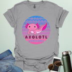 A sport grey t-shirt with a cute axolotl in a circular design and the text 'Stay Curious Axolotl Questions.'