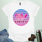 A white t-shirt with a cute axolotl in a circular design and the text 'Stay Curious Axolotl Questions.'