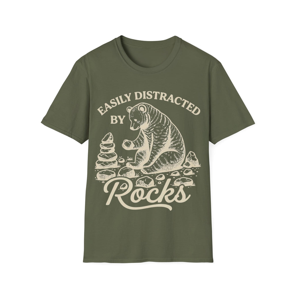 Linocut-style illustration of a bear sitting down examining a stone beside a cairn stack, framed by text reading 'EASILY DISTRACTED BY ROCKS'.