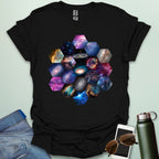 T-shirt design featuring a hexagonal pattern inspired by the James Webb Space Telescope's mirror, each hexagon filled with a different image of the cosmos.