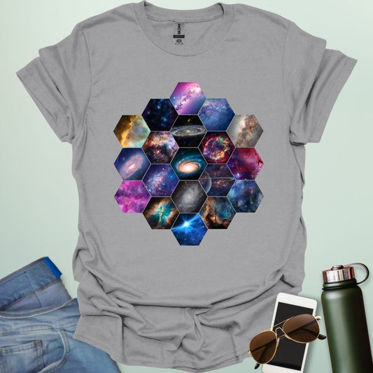T-shirt design featuring a hexagonal pattern inspired by the James Webb Space Telescope's mirror, each hexagon filled with a different image of the cosmos.