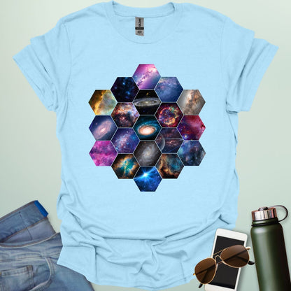T-shirt design featuring a hexagonal pattern inspired by the James Webb Space Telescope's mirror, each hexagon filled with a different image of the cosmos.