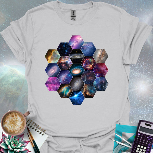 T-shirt design featuring a hexagonal pattern inspired by the James Webb Space Telescope's mirror, each hexagon filled with a different image of the cosmos.