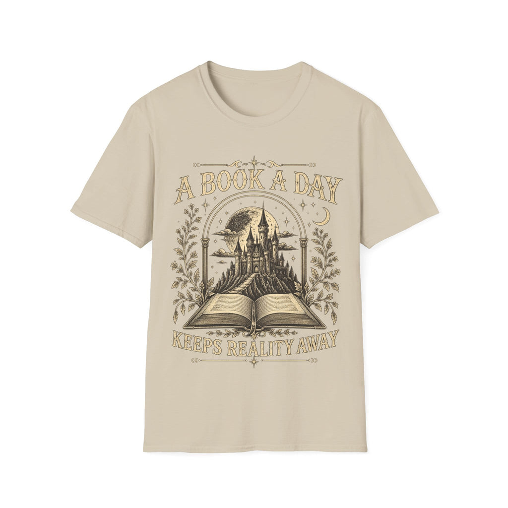 Vintage woodcut-style illustration of an open book revealing a glowing fantasy castle under a starry moonlit sky, framed by 'A BOOK A DAY KEEPS REALITY AWAY'.