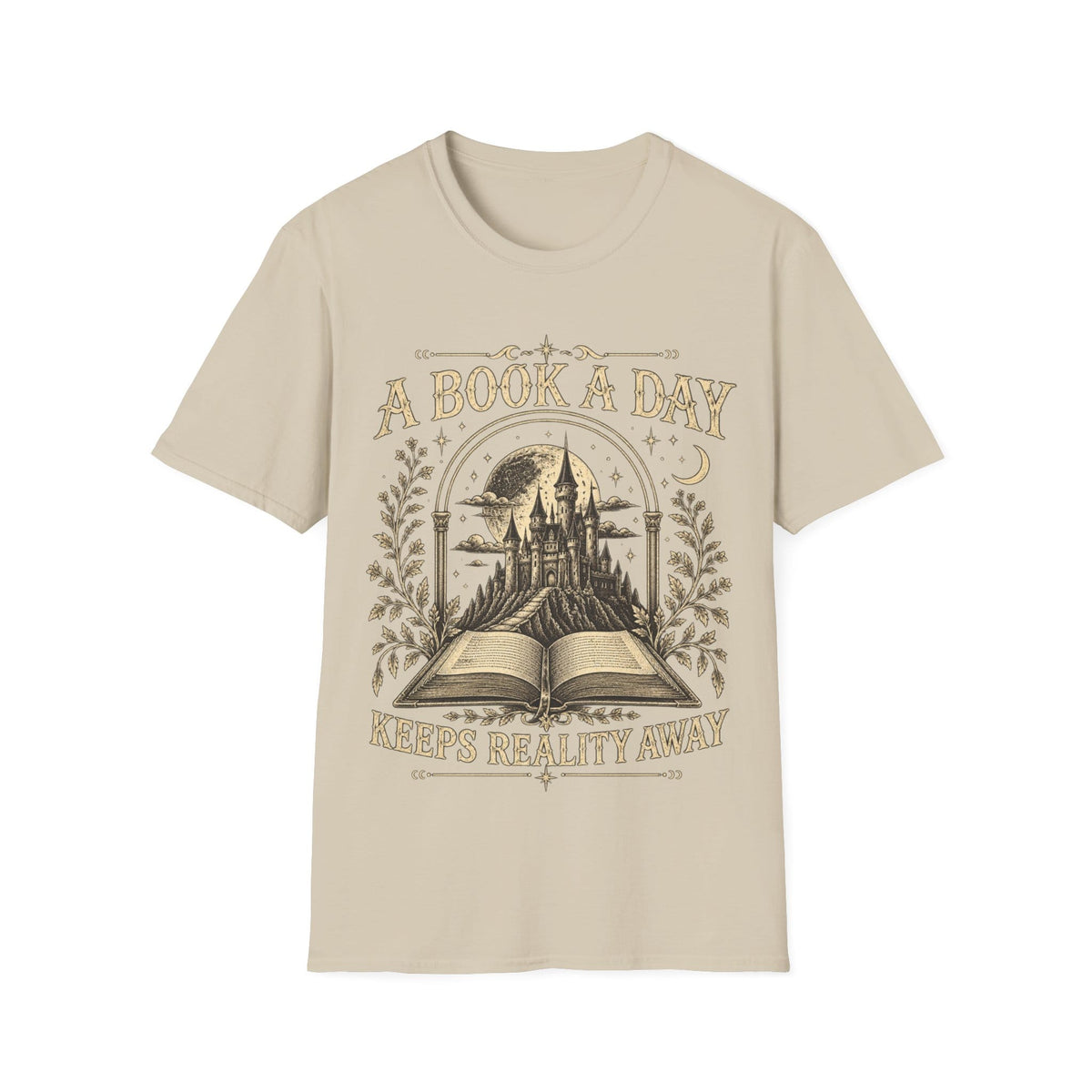 Vintage woodcut-style illustration of an open book revealing a glowing fantasy castle under a starry moonlit sky, framed by 'A BOOK A DAY KEEPS REALITY AWAY'.