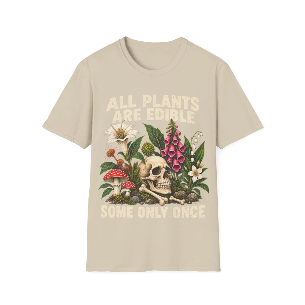 Detailed botanical illustration of toxic flora—including foxglove, lily of the valley, and fly agaric mushrooms—surrounding a human skull and bones, with bold text reading 'ALL PLANTS ARE EDIBLE... SOME ONLY ONCE'.