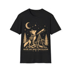 Vintage illustration of a fox wearing a plaid scarf gazing into a brass telescope framed by pine trees, a crescent moon, and text reading 'MAYBE ONE MORE CONSTELLATION'.