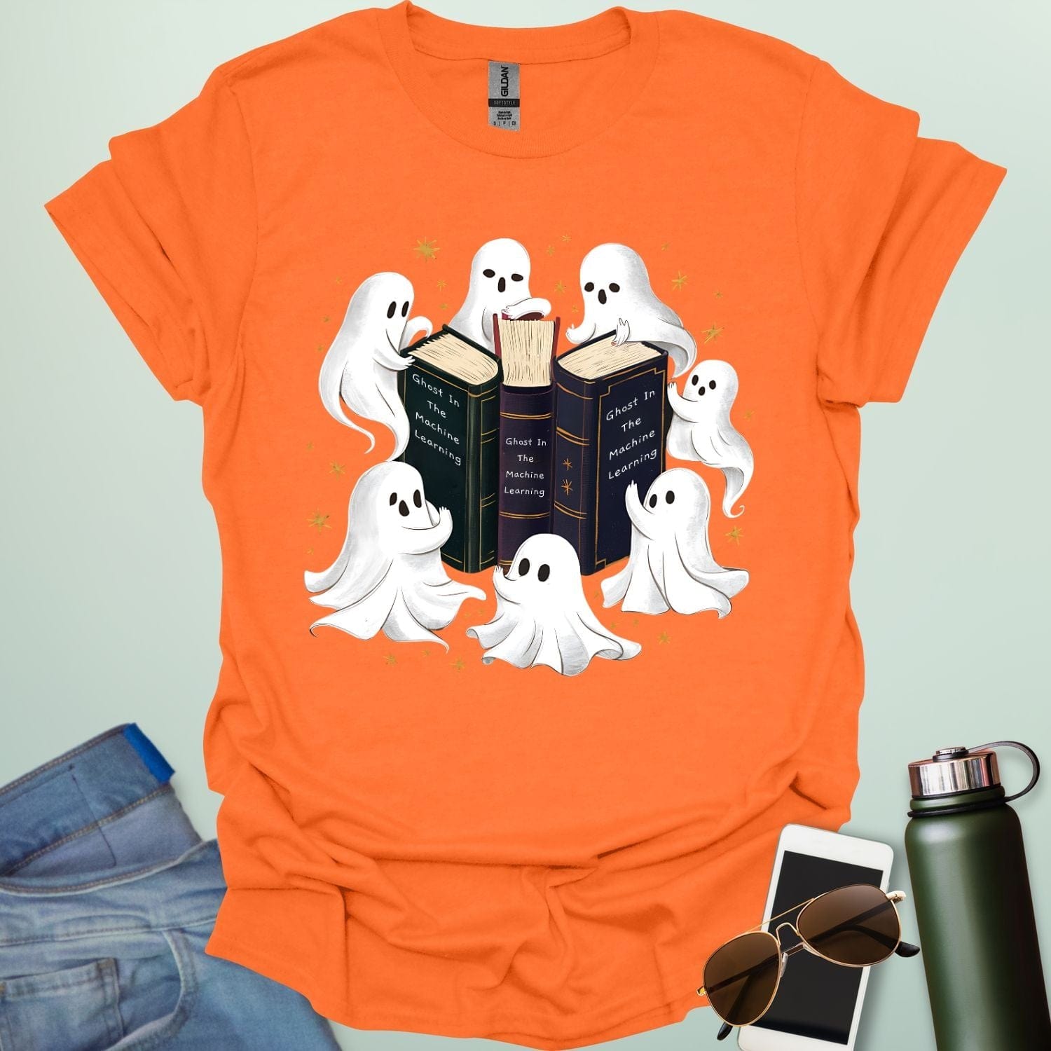 Ghosts & the Machine Learning’ t-shirt with clever pun combining ghosts in the machine idiom and AI / machine learning theme — for coders and STEM geeks.