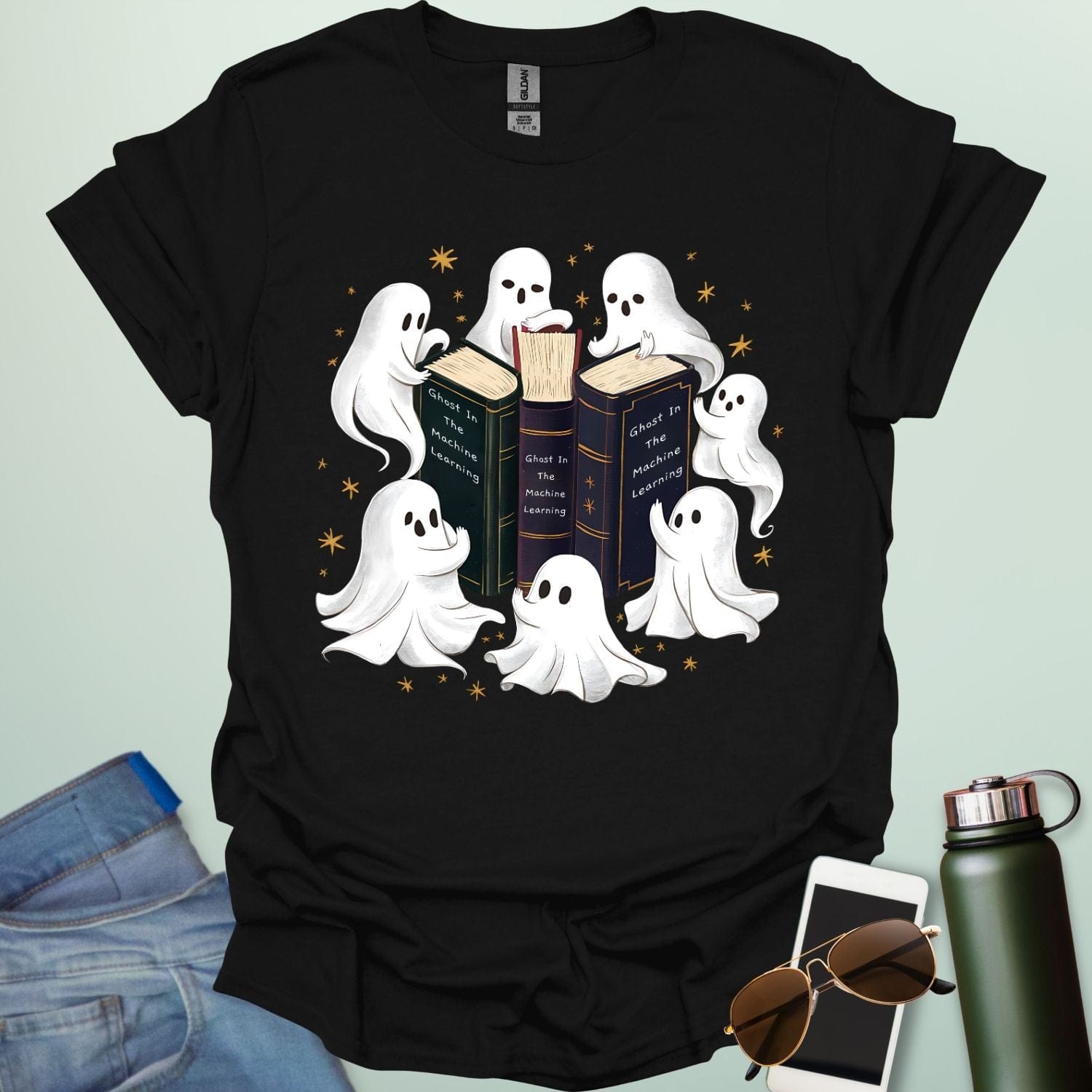 Ghosts & the Machine Learning’ t-shirt with clever pun combining ghosts in the machine idiom and AI / machine learning theme — for coders and STEM geeks.
