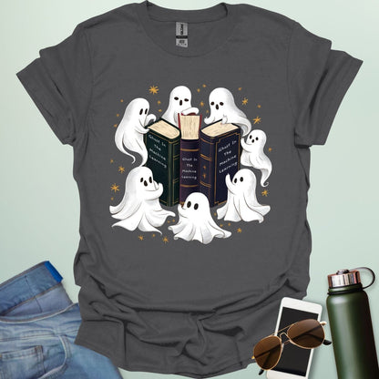 Ghosts & the Machine Learning’ t-shirt with clever pun combining ghosts in the machine idiom and AI / machine learning theme — for coders and STEM geeks.