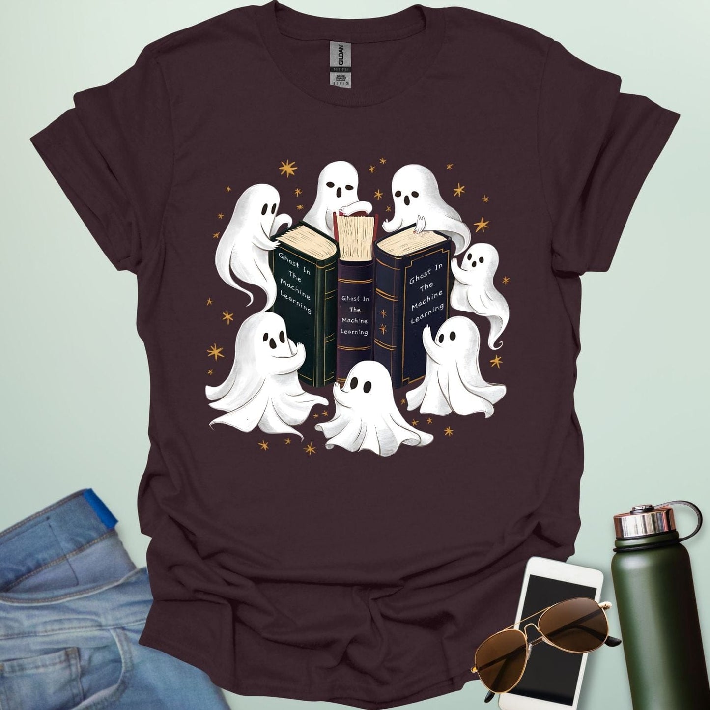 Ghosts & the Machine Learning’ t-shirt with clever pun combining ghosts in the machine idiom and AI / machine learning theme — for coders and STEM geeks.