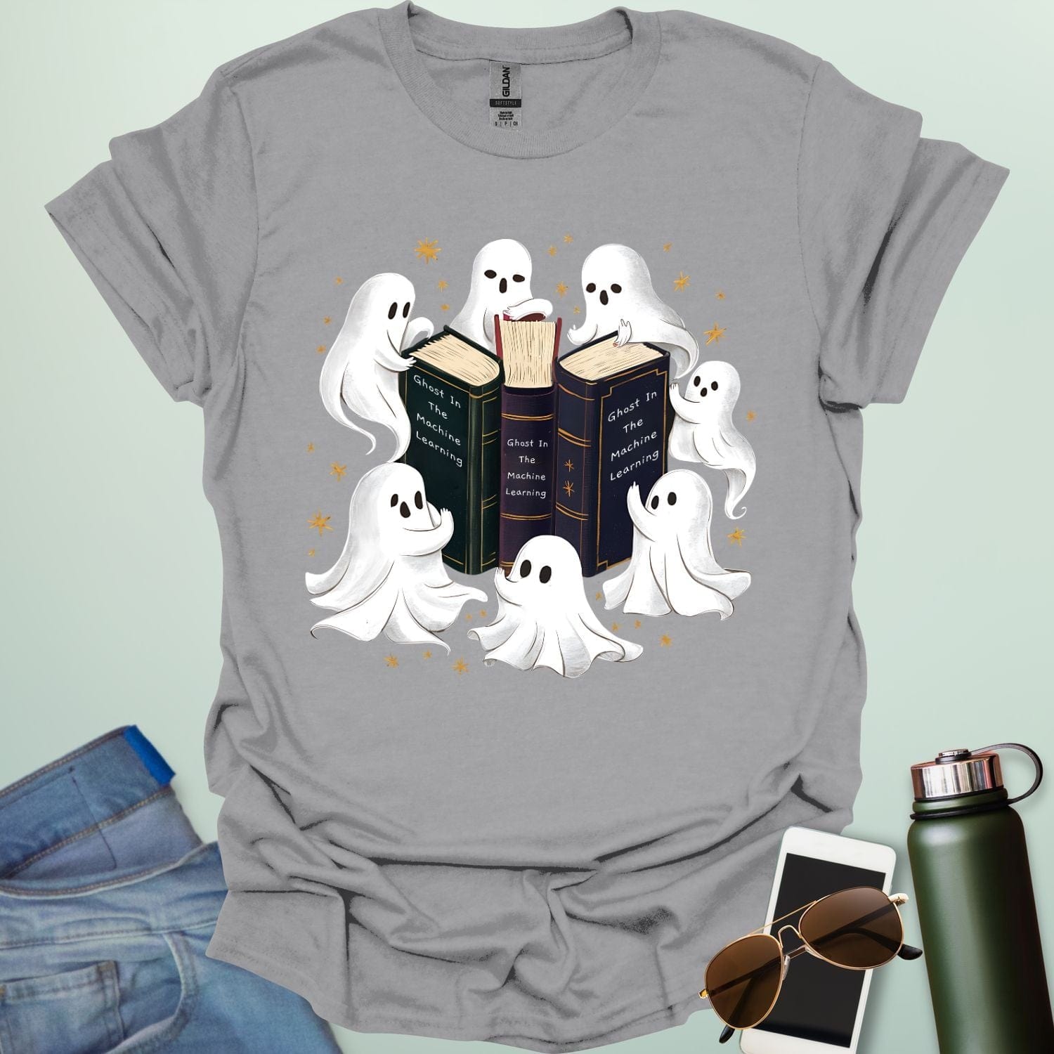 Ghosts & the Machine Learning’ t-shirt with clever pun combining ghosts in the machine idiom and AI / machine learning theme — for coders and STEM geeks.