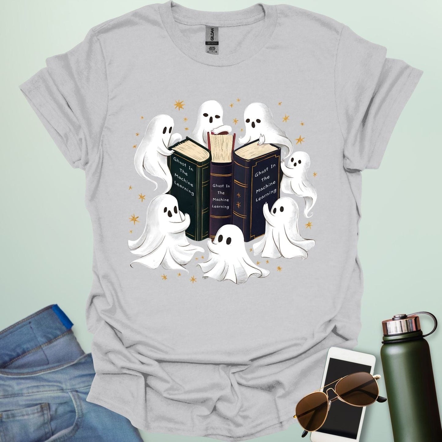 Ghosts & the Machine Learning’ t-shirt with clever pun combining ghosts in the machine idiom and AI / machine learning theme — for coders and STEM geeks.