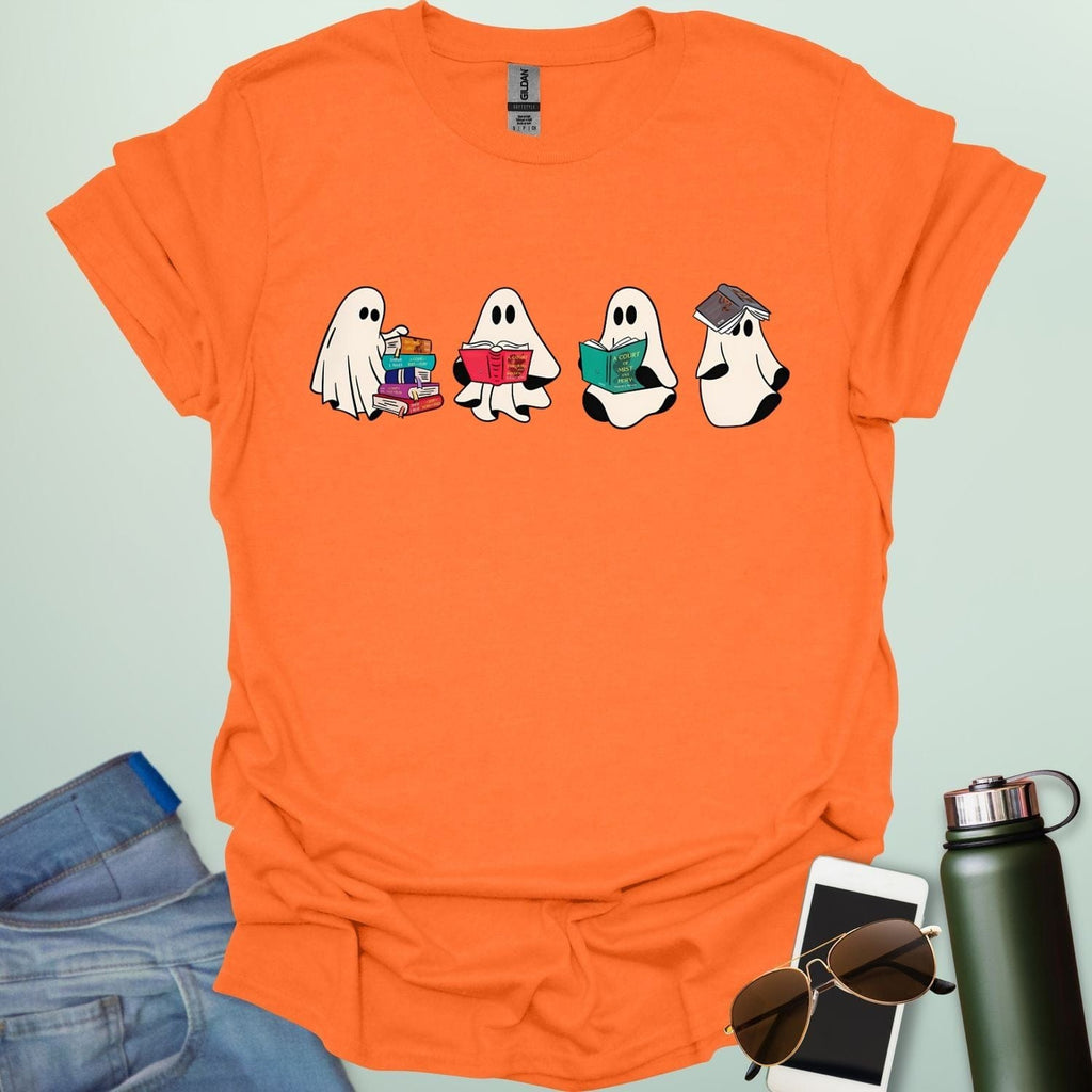 Ghost Readers t-shirt with ghost reading books graphic — spooky Halloween tee for book lovers, teachers, and readers who love a good ghost story.
