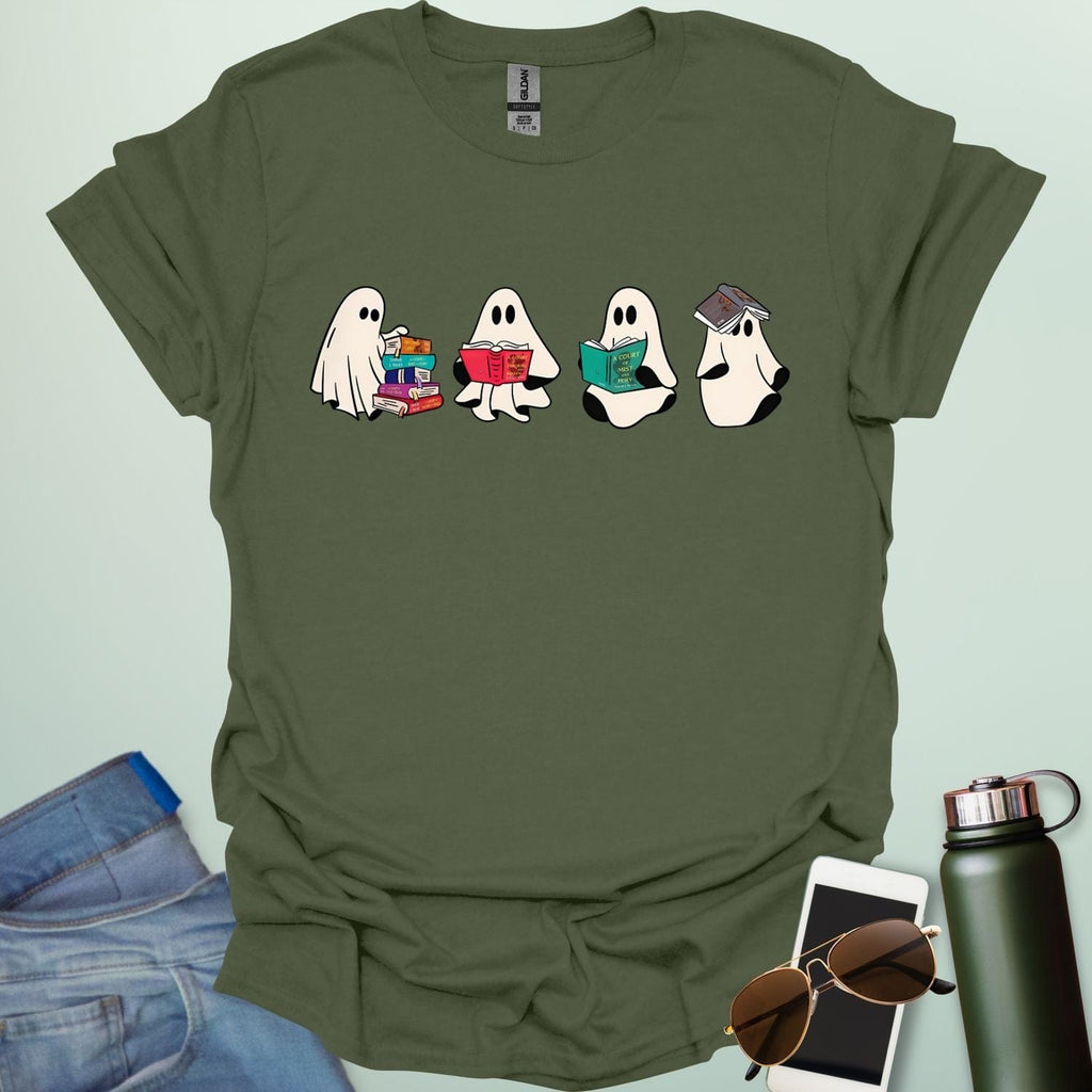 Ghost Readers t-shirt with ghost reading books graphic — spooky Halloween tee for book lovers, teachers, and readers who love a good ghost story.