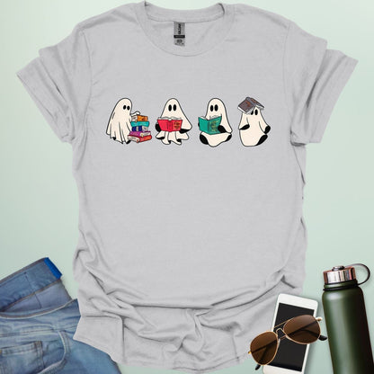 Ghost Readers t-shirt with ghost reading books graphic — spooky Halloween tee for book lovers, teachers, and readers who love a good ghost story.