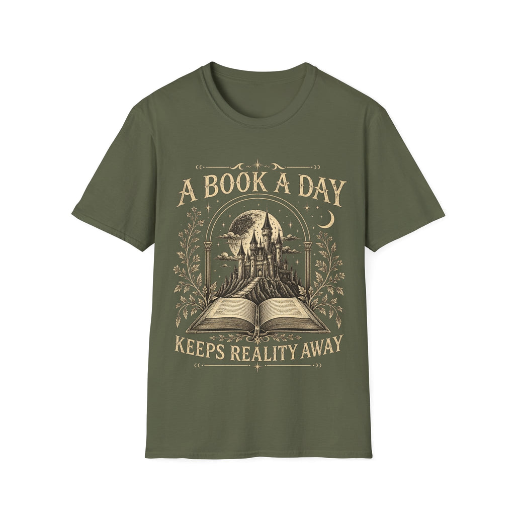 Vintage woodcut-style illustration of an open book revealing a glowing fantasy castle under a starry moonlit sky, framed by 'A BOOK A DAY KEEPS REALITY AWAY'.
