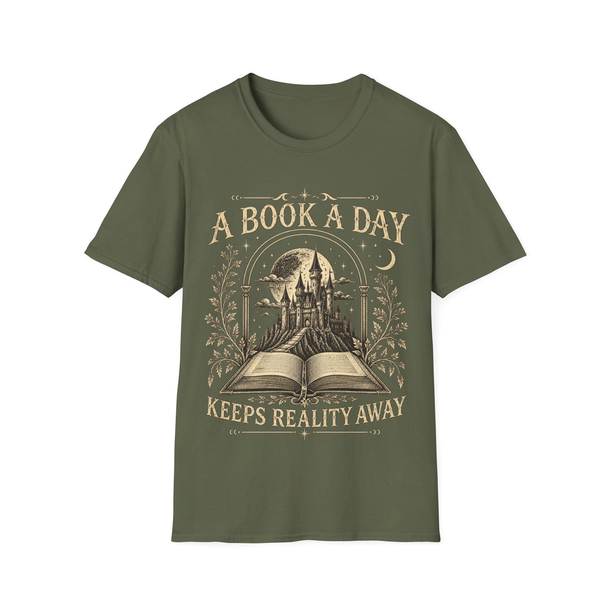 Vintage woodcut-style illustration of an open book revealing a glowing fantasy castle under a starry moonlit sky, framed by 'A BOOK A DAY KEEPS REALITY AWAY'.