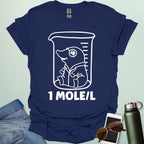 A funny chemistry t-shirt featuring a cartoon mole inside a science beaker. The design includes the text '1 MOLE/L,' a clever pun for chemists and science students.