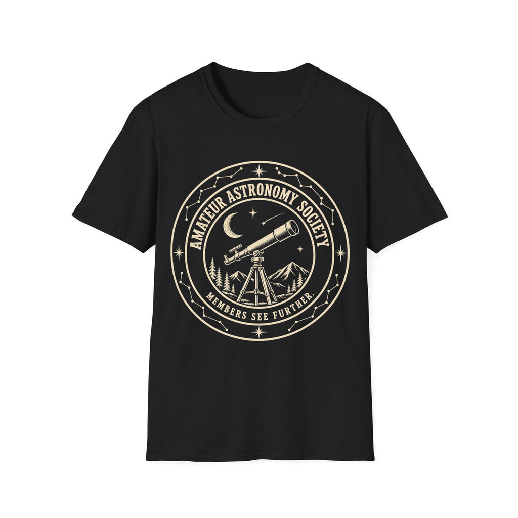 Vintage circular emblem featuring a telescope pointed toward the night sky surrounded by mountains, stars, and constellations, with text reading 'AMATEUR ASTRONOMY SOCIETY - MEMBERS SEE FURTHER.'
