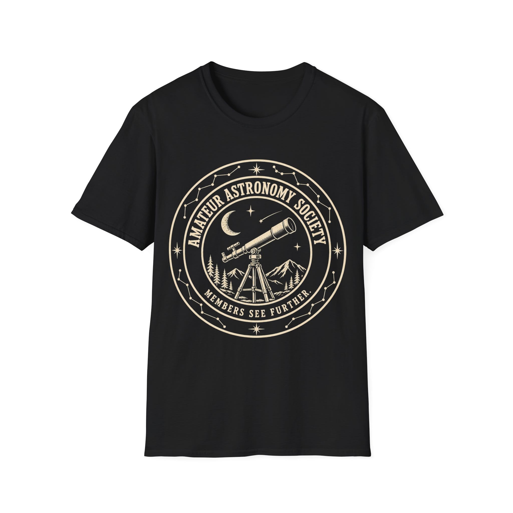 Vintage circular emblem featuring a telescope pointed toward the night sky surrounded by mountains, stars, and constellations, with text reading 'AMATEUR ASTRONOMY SOCIETY - MEMBERS SEE FURTHER.'