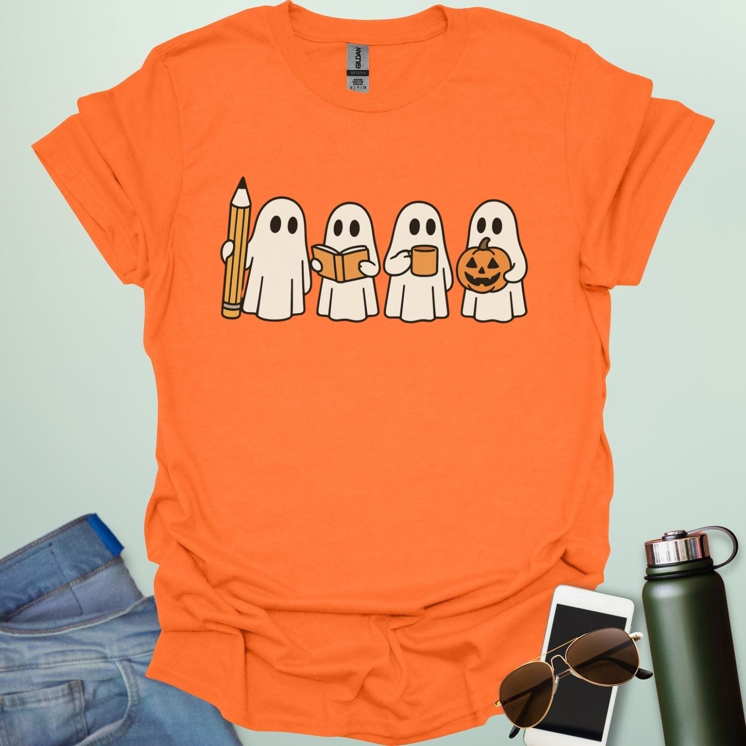 Teachers Have Spirit(s) t-shirt with ghostly Halloween theme — fun educator design for teachers and classrooms.