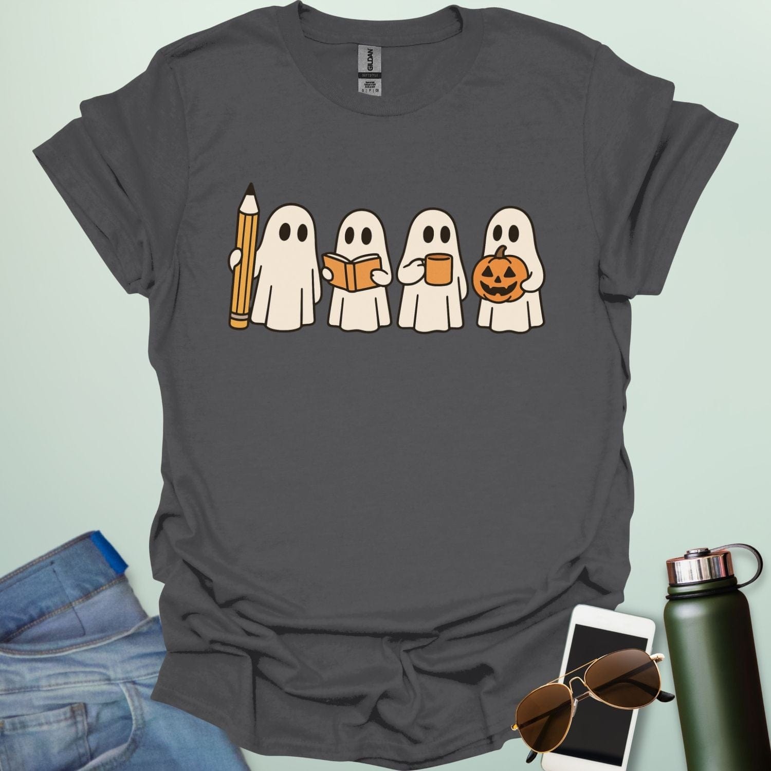 Teachers Have Spirit(s) t-shirt with ghostly Halloween theme — fun educator design for teachers and classrooms.