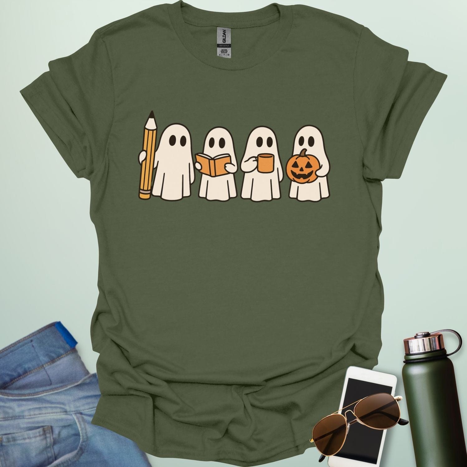 Teachers Have Spirit(s) t-shirt with ghostly Halloween theme — fun educator design for teachers and classrooms.