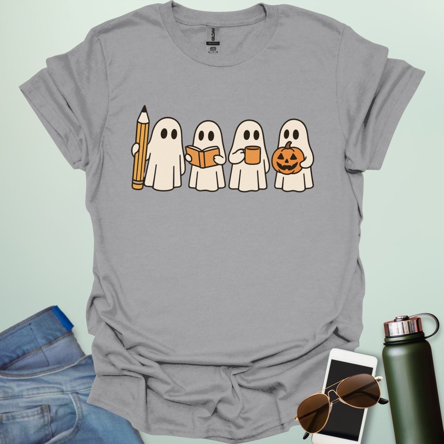 Teachers Have Spirit(s) t-shirt with ghostly Halloween theme — fun educator design for teachers and classrooms.