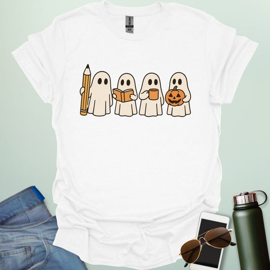 Teachers Have Spirit(s) t-shirt with ghostly Halloween theme — fun educator design for teachers and classrooms.