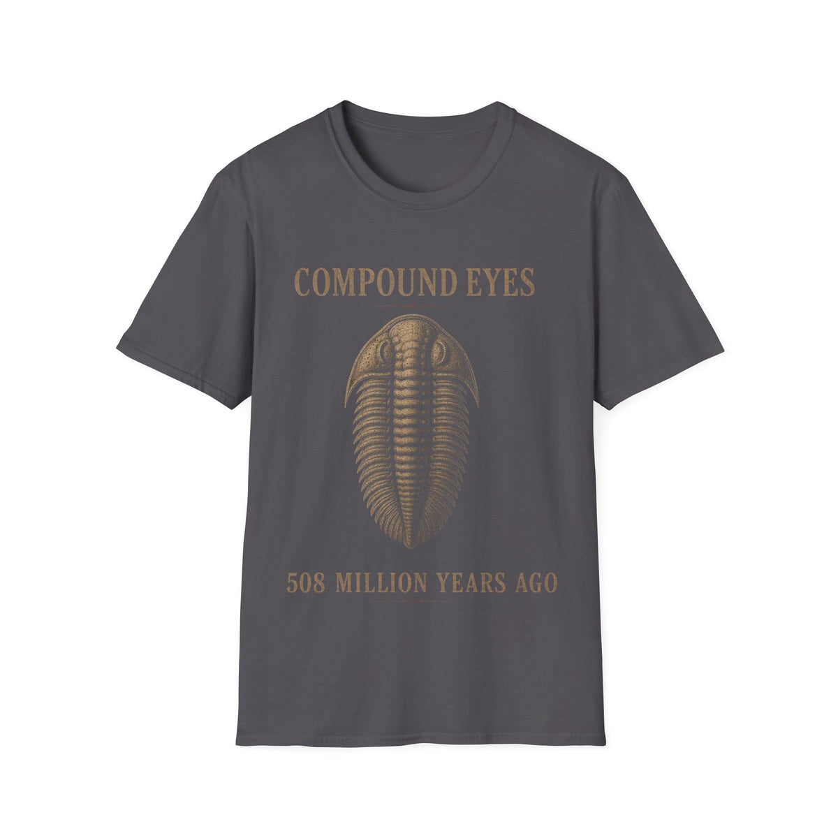 Vintage stipple engraving illustration of a trilobite specimen centered between serif text reading 'COMPOUND EYES' and '508 MILLION YEARS AGO'.